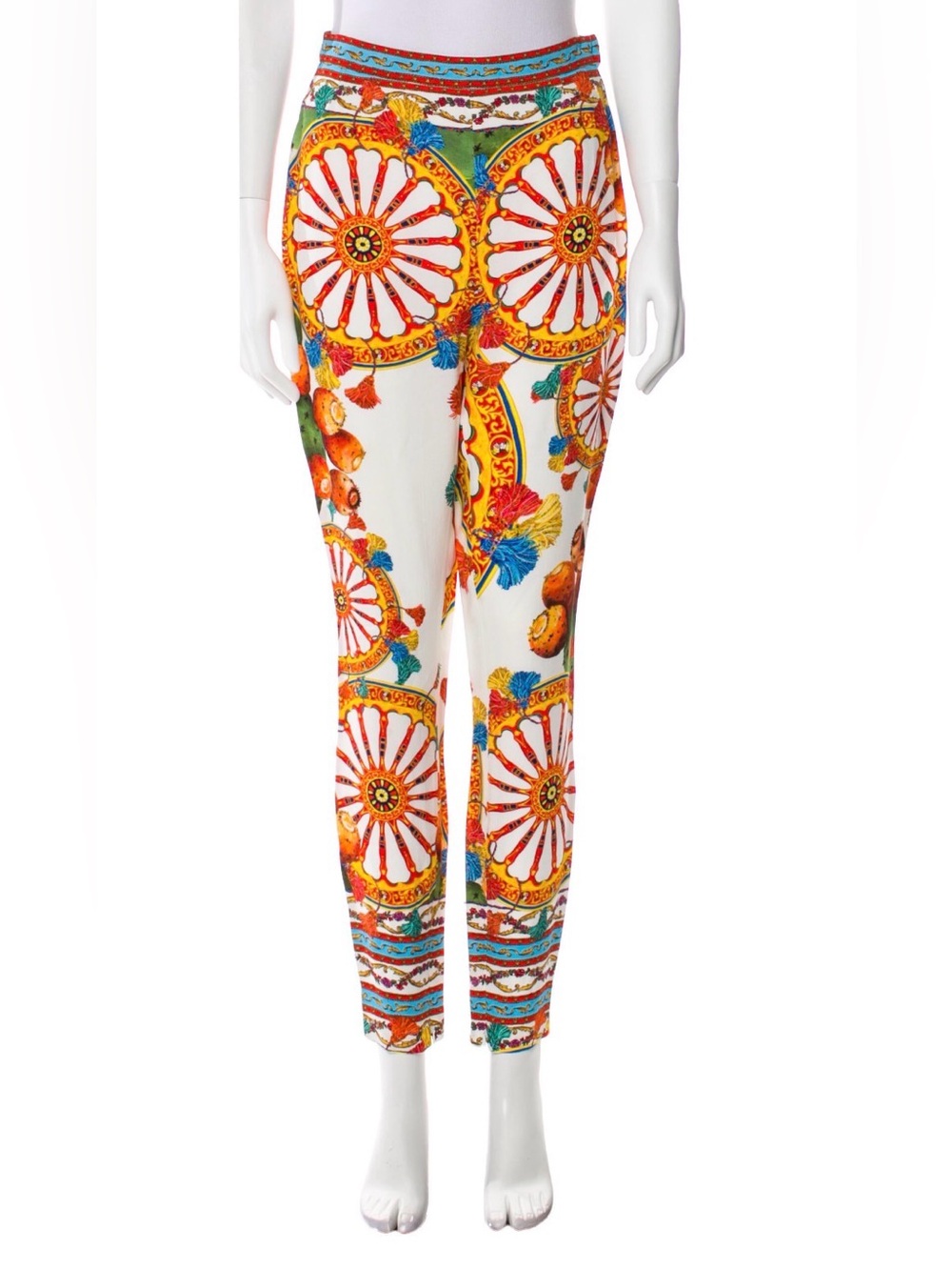 Dolce & Gabbana Slim Leg White Pants with Festive Colorful Sicilian Wheel Print